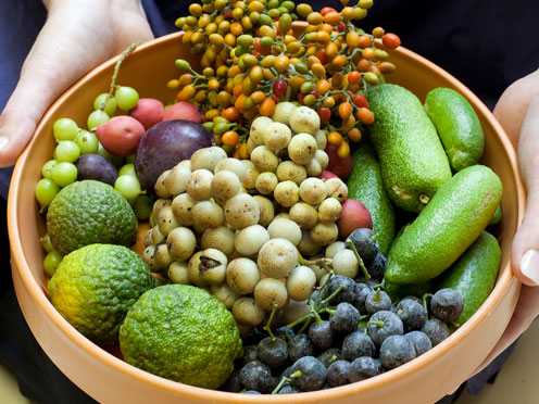 A wooden bowl full of a variety of Australian bush foods.