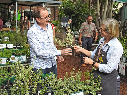 Person handing a sapling to someone at a nursery