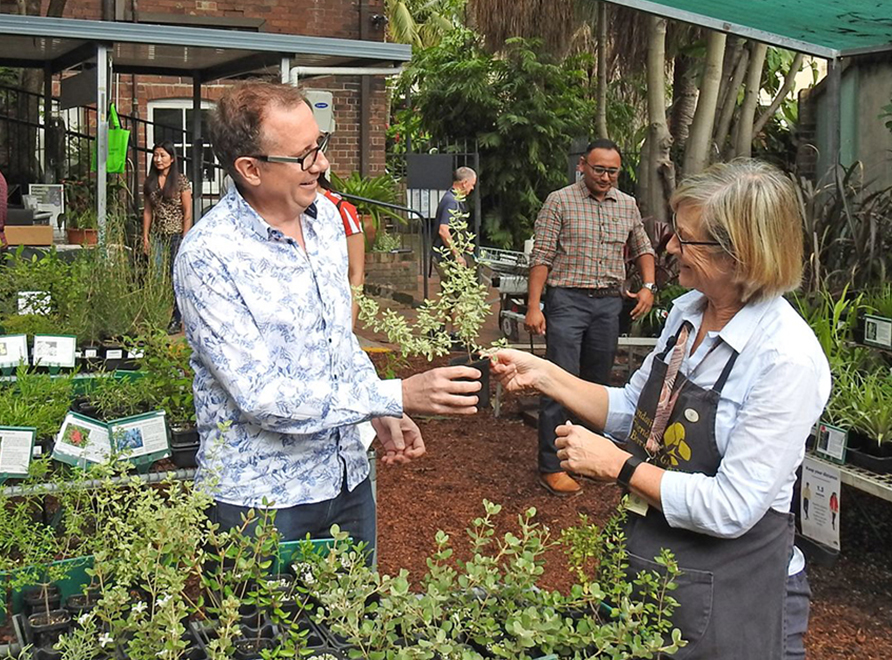 Person in apron handing a sapling to another person at a nursery