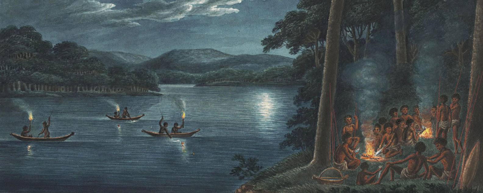 Detail from a Joseph Lycett painting of First Nations peoples fishing and sitting around a fire at night.