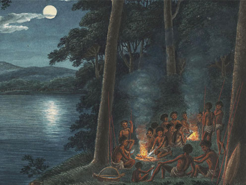 Detail from a Joseph Lycett painting of First Nations peoples sitting around a camp fire at night