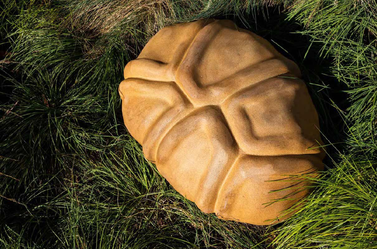 The sandstone sculpture represents a cluster of Acacia pollen grains called a polyad.