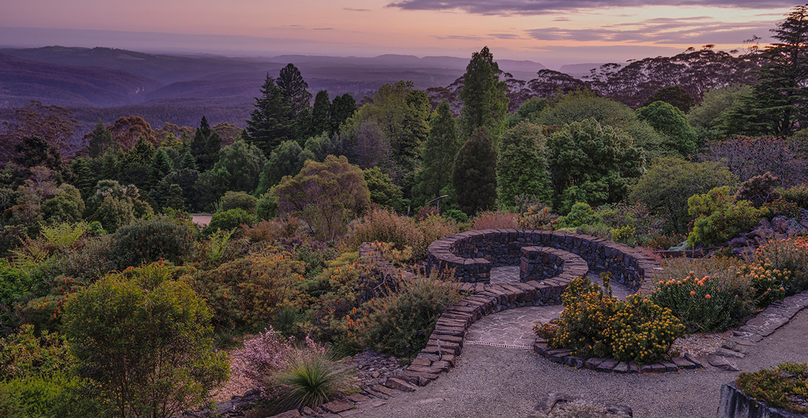 Spiralling rock path in manicured garden, overlooking mountains at sunrise