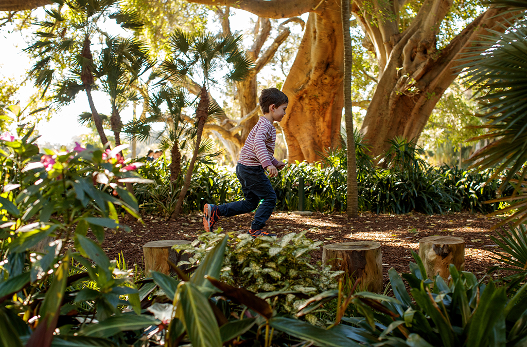 child playing in shady, lush tropical gardens