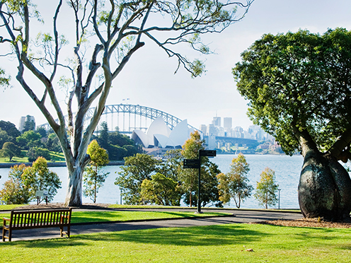 View from Royal Botanic Garden Sydney of the Sydney harbour with opera house and harbour bridge,