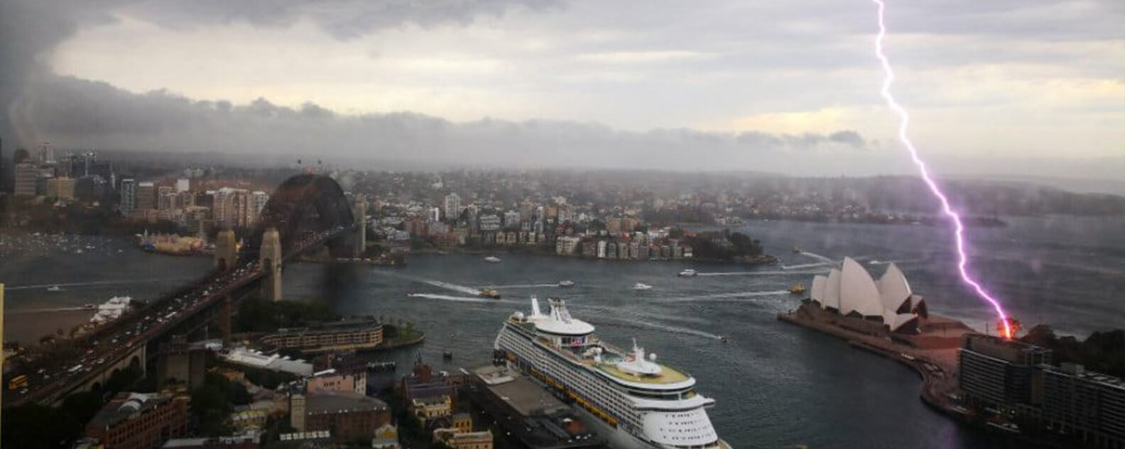 Lightning bolt strikes Sydney Harbour near Opera House