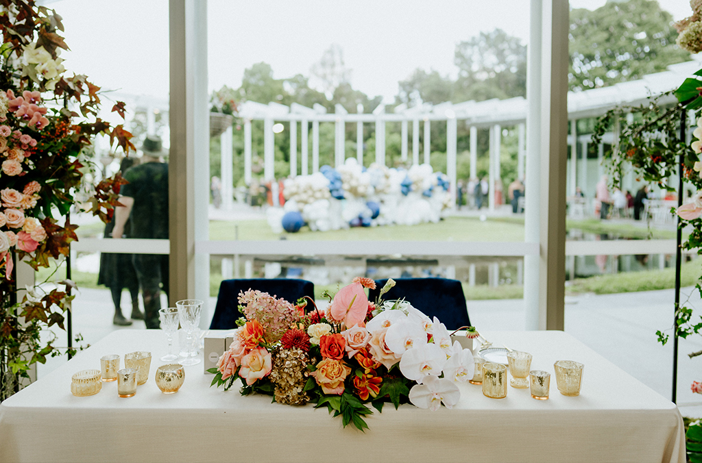 Wedding reception table for a couple overlooking al fresco area
