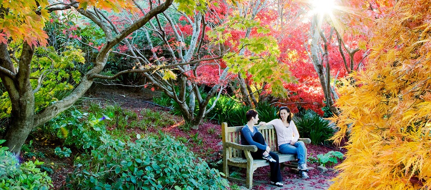 Couple sitting on the bench in weather Autumn