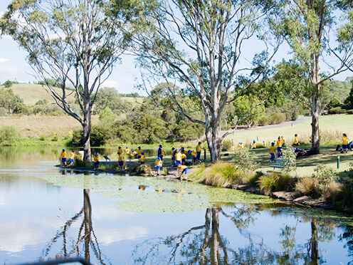 School students on an excursion at the lake at Mount Annan