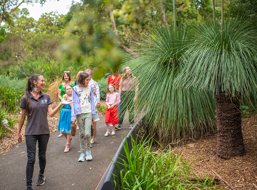 A group of people follow a guide through a native Australian garden