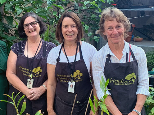 Three smiling women wearing aprons in a nursery