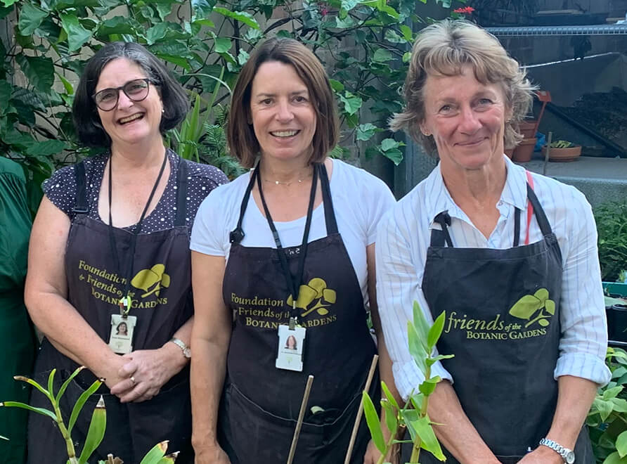 Three smiling women wearing aprons in a nursery