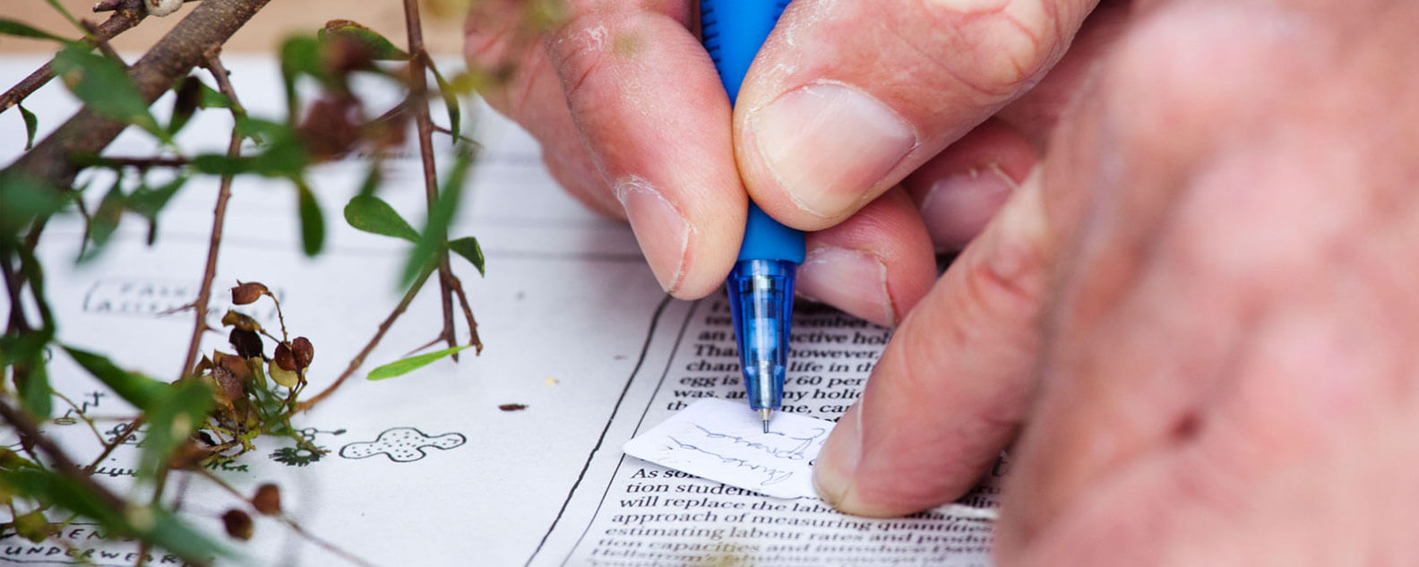 A scientist writing notes on a small piece of paper.