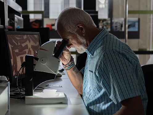 Scientist looks through microscope