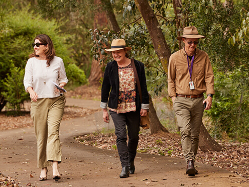 Three people walking along a Garden path. Credit: Tawfik Elgazzar