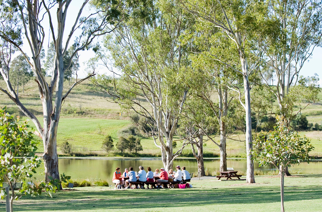 Picknickers at a picnic table overlooking lake