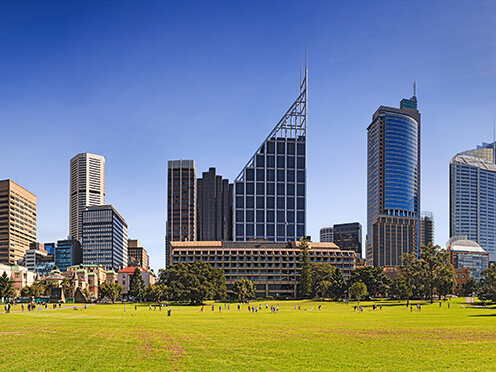 The lawns in the Domain Sydney on a sunny day, Sydney CBD skyscrapers behind it