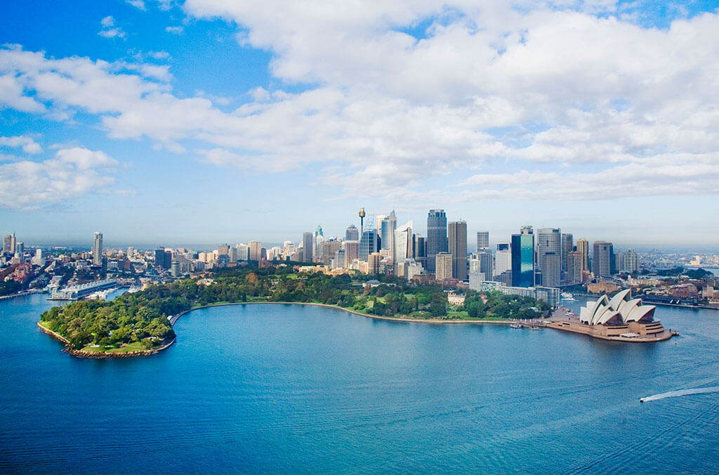 Aerial view of the Royal Botanic Garden Sydney, Sydney Harbour and CBD