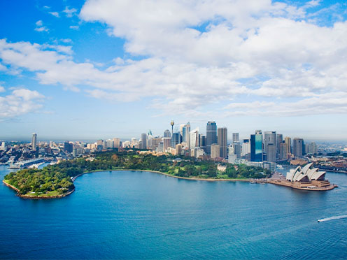 Aerial view of the Royal Botanic Garden Sydney, Sydney Harbour and CBD