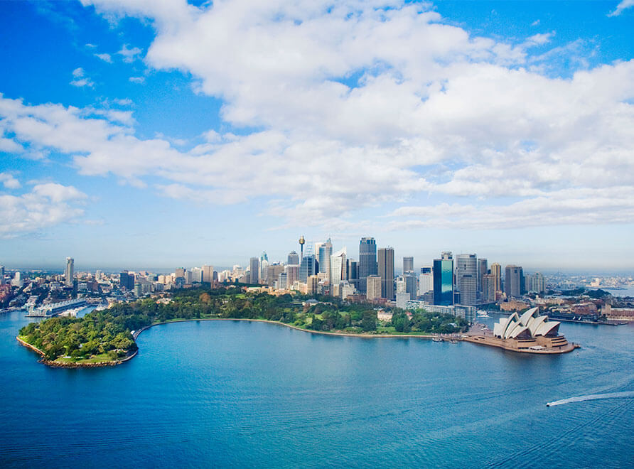 Aerial view of the Royal Botanic Garden Sydney, Sydney Harbour and CBD