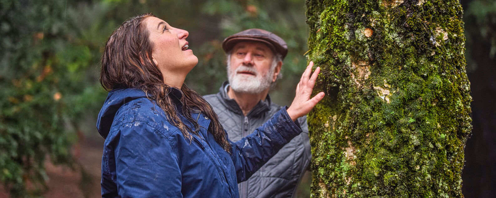 women touching tree