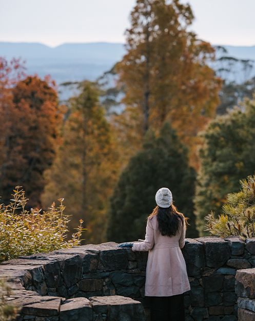 Woman with coat and beanie looks out from stone path towards autumn trees and mountains