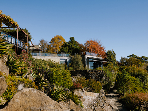 Visitor centre on a hill with garden paths below it