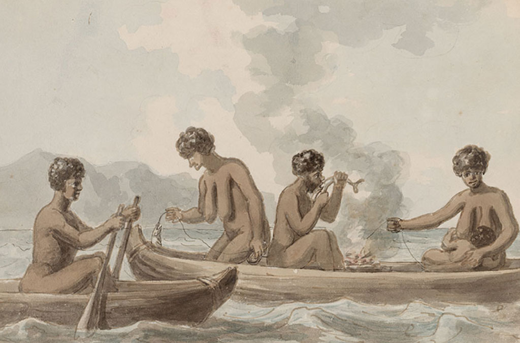 A painting of Aboriginal men and women fishing circa 1790