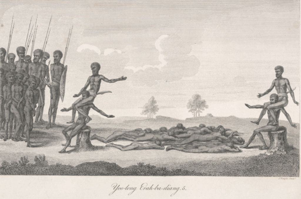 Drawing by Thomas Watling depicting the Aboriginal Dog Dance at Mrs Macquaries Chair