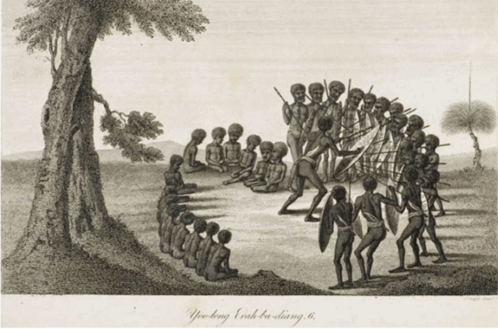 Drawing by Thomas Watling depicting the Aboriginal Dog Dance at Mrs Macquaries Chair