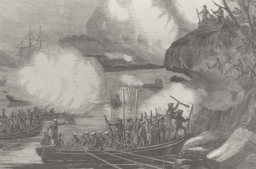 An engraving depicting the British troops practicing naval action at Mrs Macquaries Point