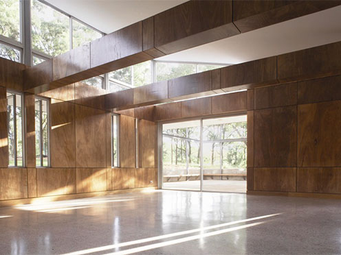 Inside of the Bowden Centre looking towards the woodland outside