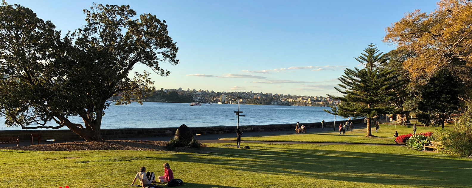 View of harbourside from sunlit lawn