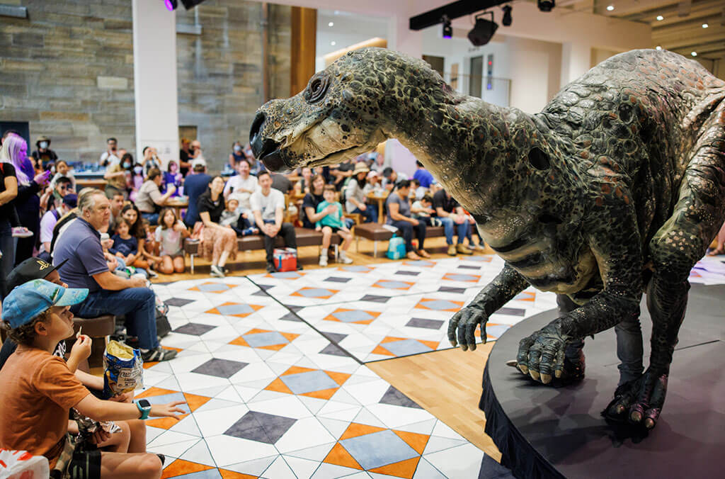 People observing a dinosaur on display at the Australian Museum