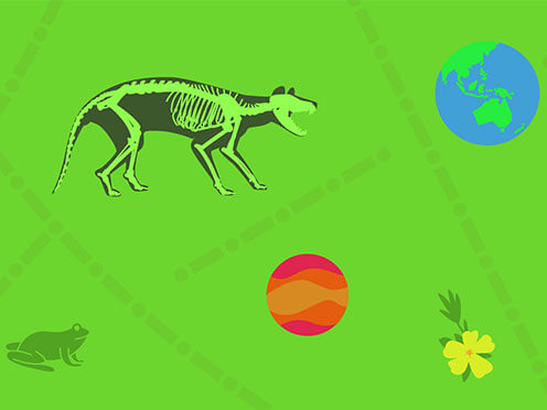 Sydney Science Trail graphics of planets and a dinosaur