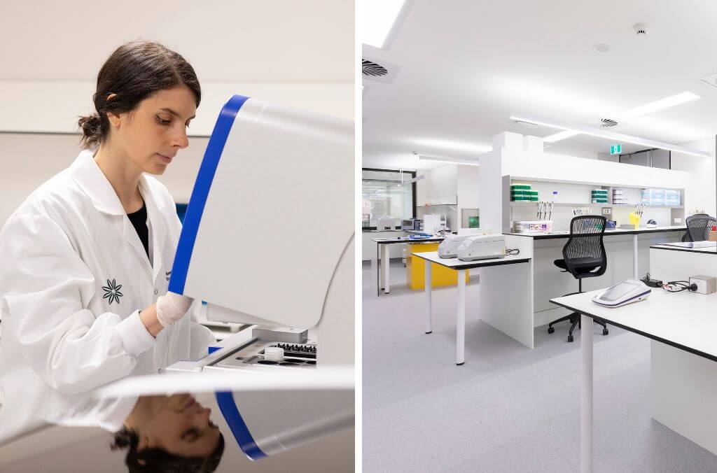 (Right) Woman in lab (Left) New science labs at the Royal Botanic Garden Sydney