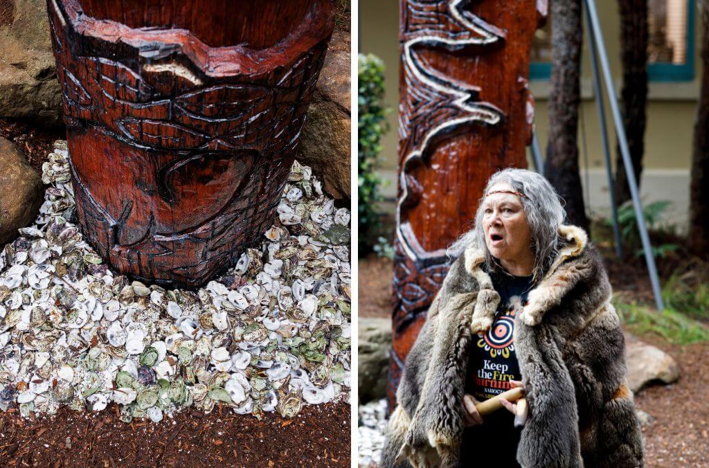 (L) oyster shells used in the work (R) Aunty Rhonda at the launch of the artwork