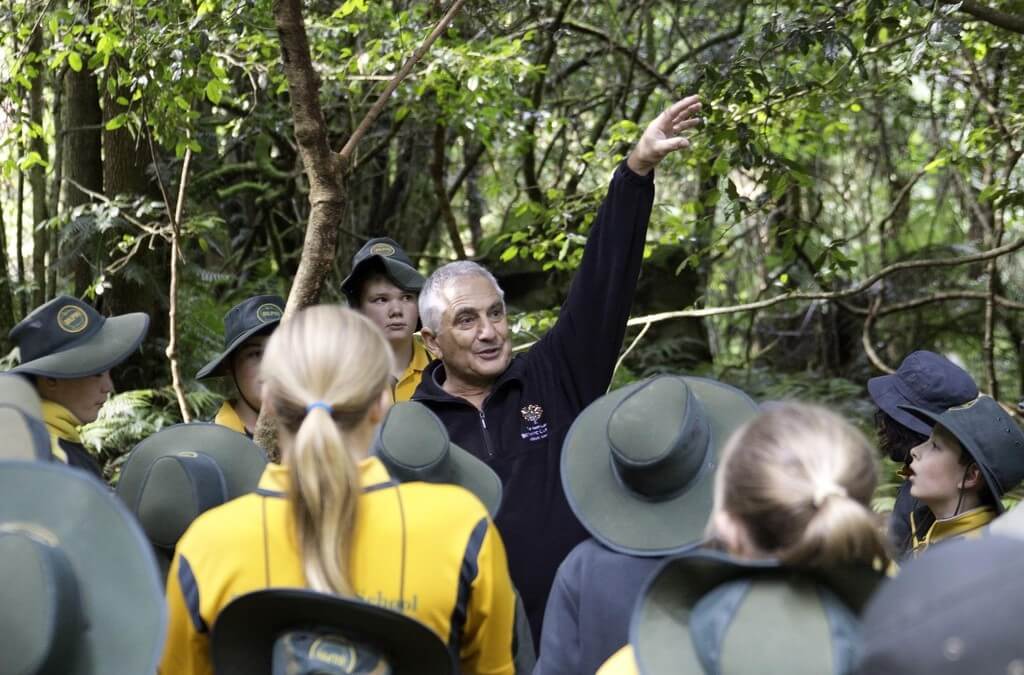 students with teacher and trees