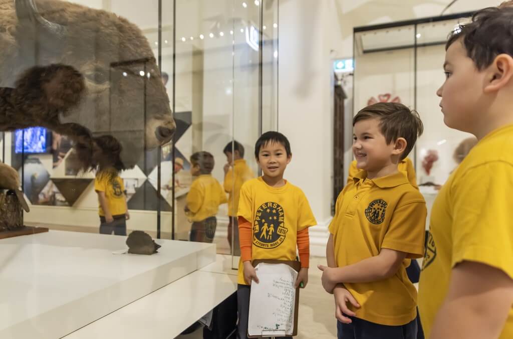school children looking at display