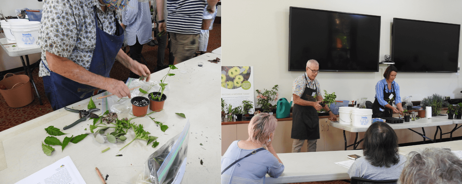 Man potting up plants in small pot as part of the propagation workshop & Liz & Greg demonstrating in the Maiden Theatre