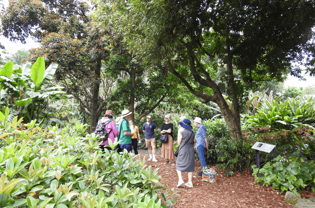 A volunteer guide talking to attendees of a guided walk in the Gardens