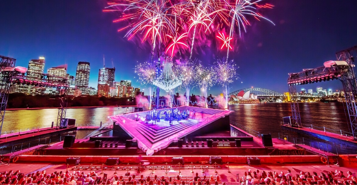 Stage and fireworks on the Sydney Harbour foreshore