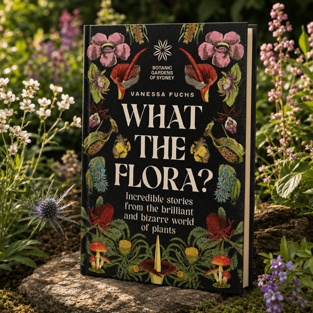 What the Flora? book positioned on a rock amongst flowers