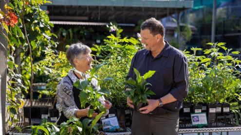 Two people smiling and holding nursery pots with plants