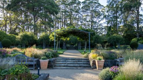 Terraced garden with leafy arbour, manicured flowerbeds and towering eucalypts