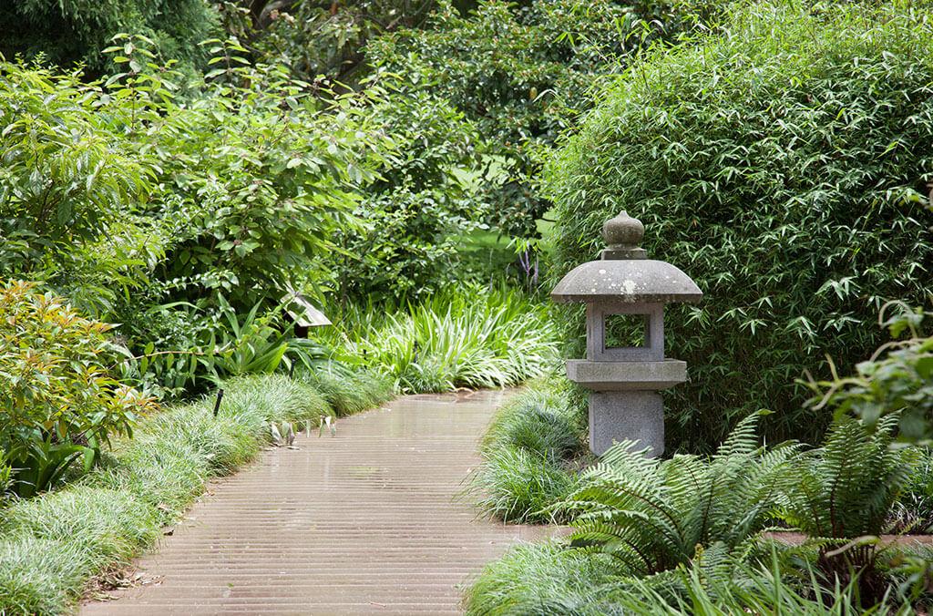 A stone lantern sits beside a winding path in the HSBC Oriental Garden