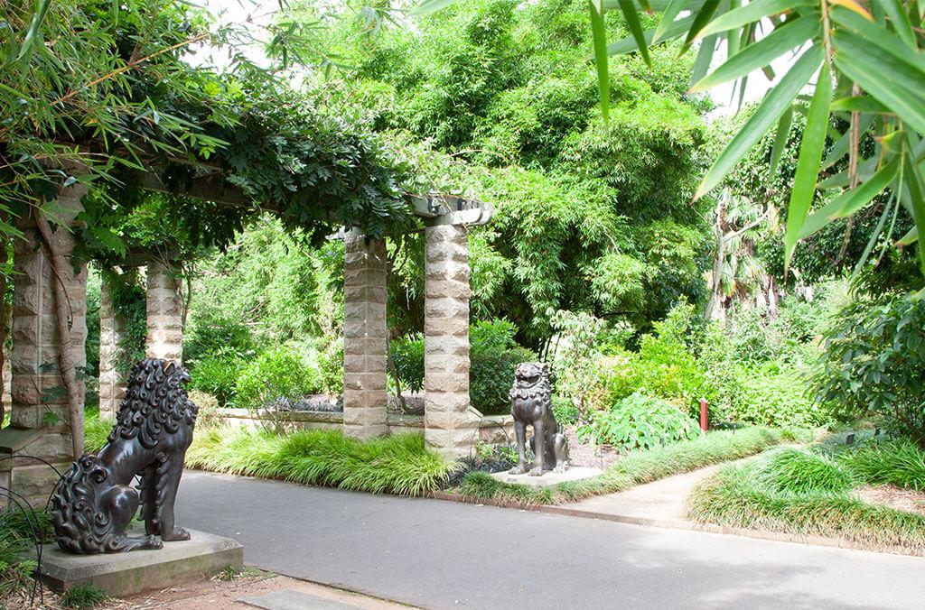 Two Thai temple lions guard the HSBC Oriental Garden