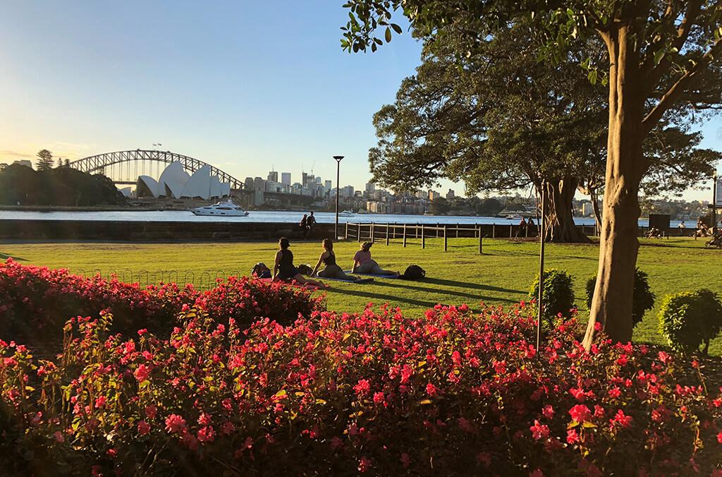 Lawn overlooking Sydney Harbour, three people participating in yoga on the lawn