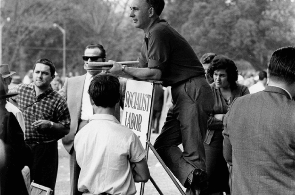 Socialist Labor Party speaker surrounded by listeners at the Domain 1973