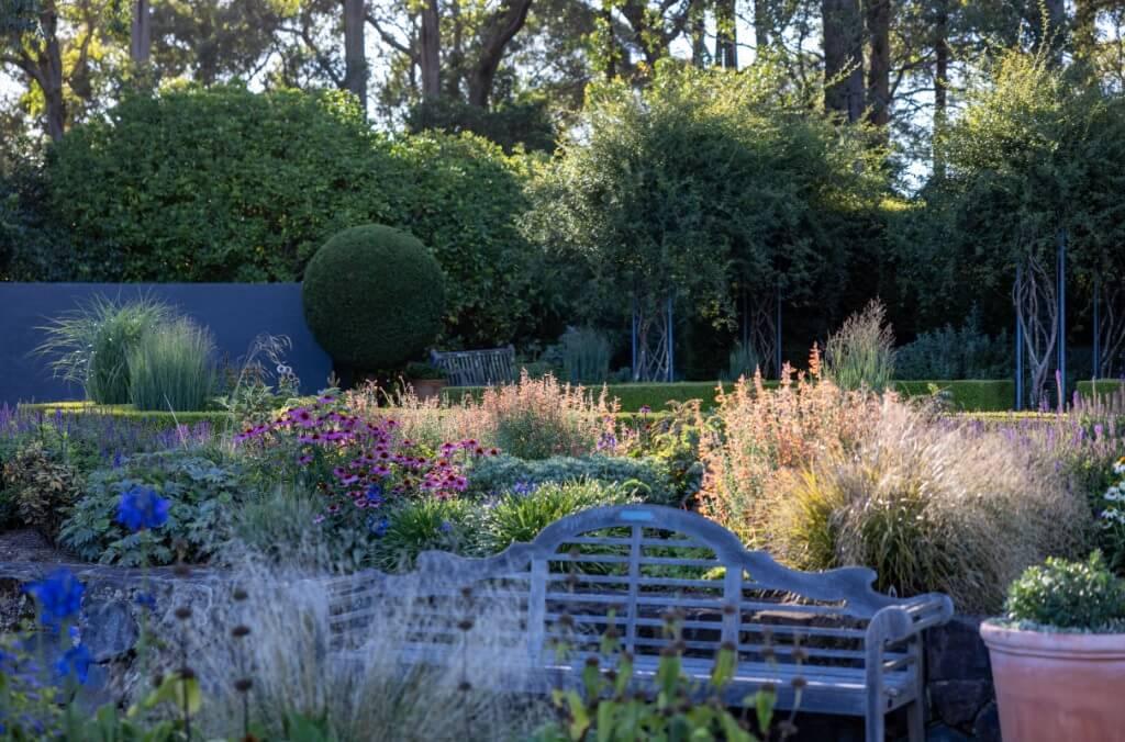 Garden bench among delicate grasses and flowering bushes